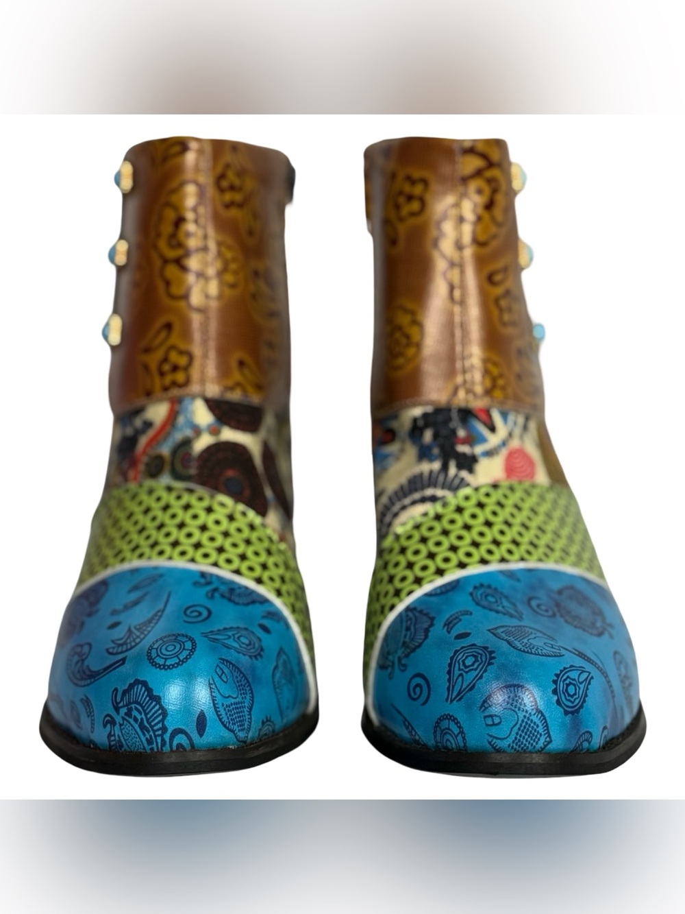 Multicolor Patterned Leather Ankle Boots - Blue & Green